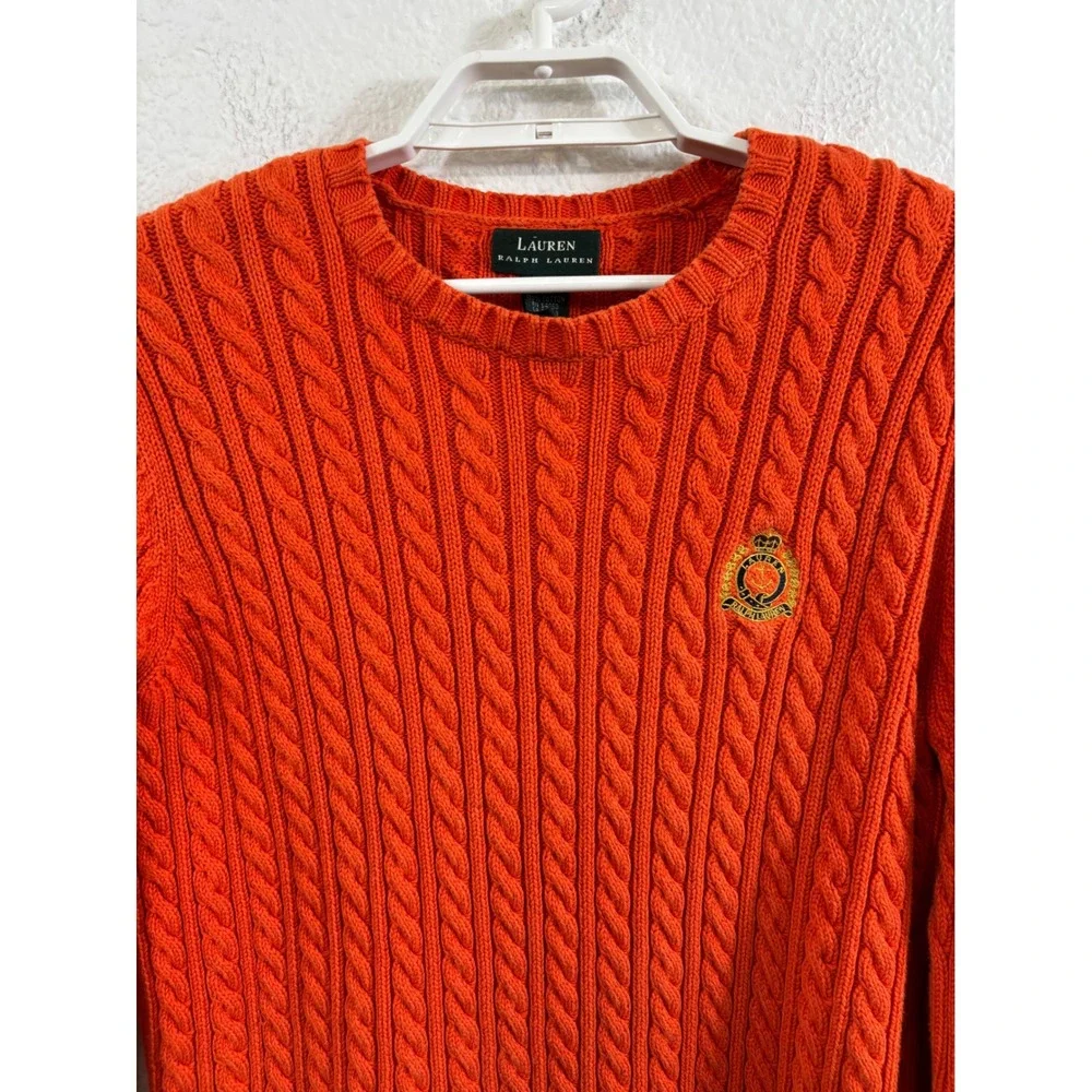 Lauren Ralph Lauren Orange Cable‎ Knit Crest Sweater Medium Cotton Long Sleeve